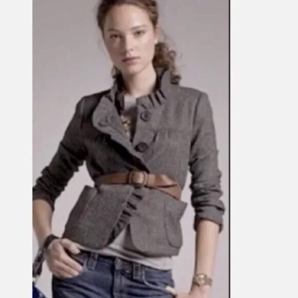J.Crew Gray Herringbone Donegal Fiona Ruffle collar Blazer jacket size 6 - Picture 1 of 6